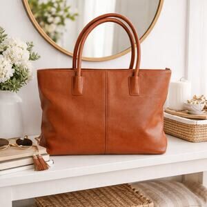 Onna Ehrlich Soft Peppled Leather Tote Bag Cognac Zip Top Double Handle